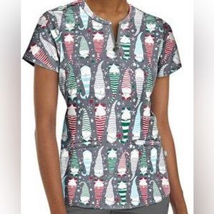Healing hands holiday helpers scrub top Christmas Elves gnomes zipper pocket XXL